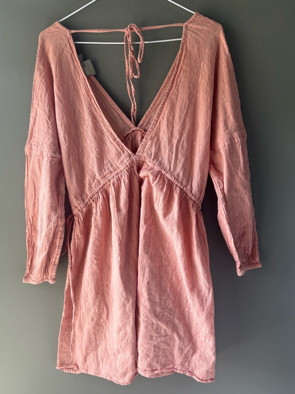 ASOS Dusty Rose Boho Mini Dress Size US6/UK10 US Long Sleeve Deep V Tie Back - Picture 7 of 7